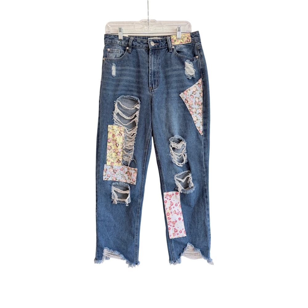 Vintage Almost Famous Jeans Sz 9 Floral Patchwork Distressed raw hem Denim Pants